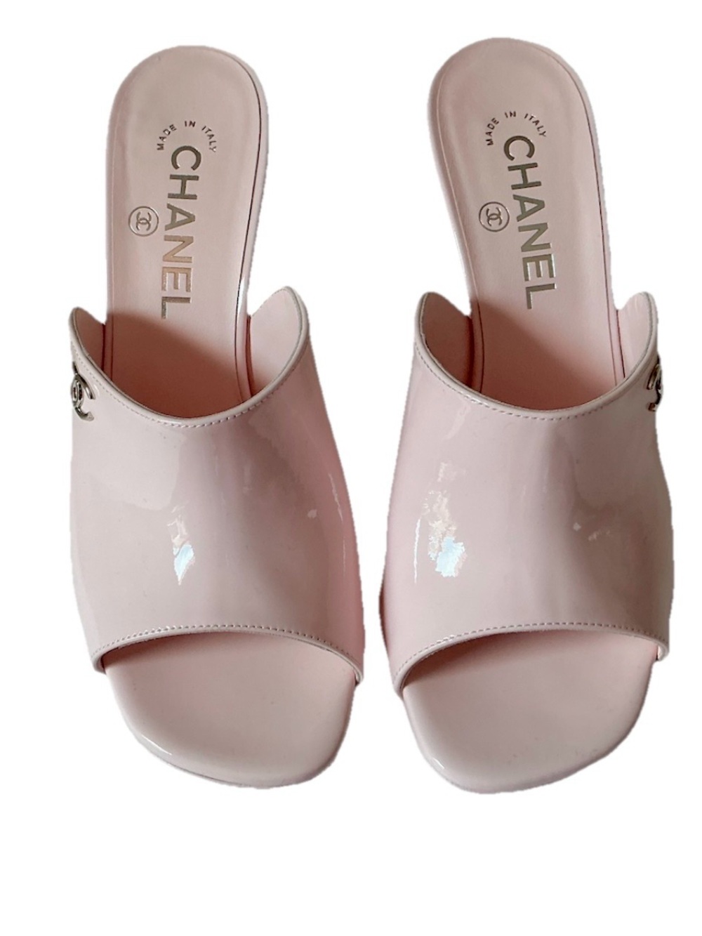 🦄CHANEL 26C Light Pink Calfskin
Patent Leather Open Toe Mule Heels NIB FULL SET - Picture 7 of 12